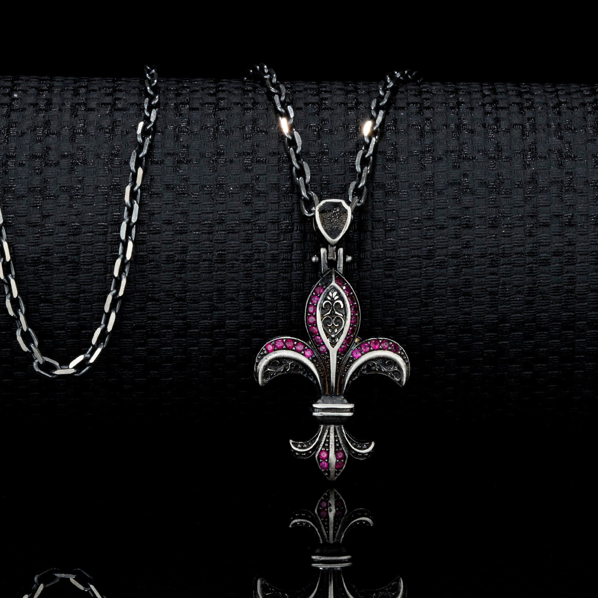 Fleur de Lis Silver Necklace Men with Red Zircon, Pendant, Husband Gift, Men Valentine's Day Gift, Handmade Sterling Silver Jewelry for Men