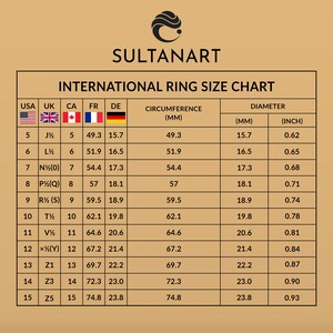 May include: A chart showing international ring sizes in US, UK, CA, FR, and DE sizes. The chart includes the circumference in millimetres, diameter in millimetres, and diameter in inches.