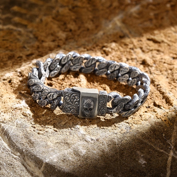 Sterling Silver Skull Bracelet for Men, Artisan Crafted Dry-Head Chain Design, Handmade Sterling Silver Jewelry for Men