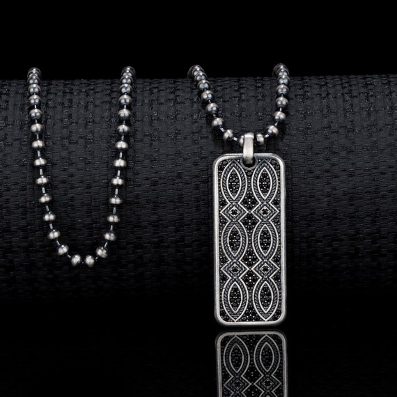 Black Zircon Mens Pendant Necklace Men Rectangle Bar Charm Gift for Him, Handmade Locket Sterling Silver Jewelry for Men, Summer Jewelry