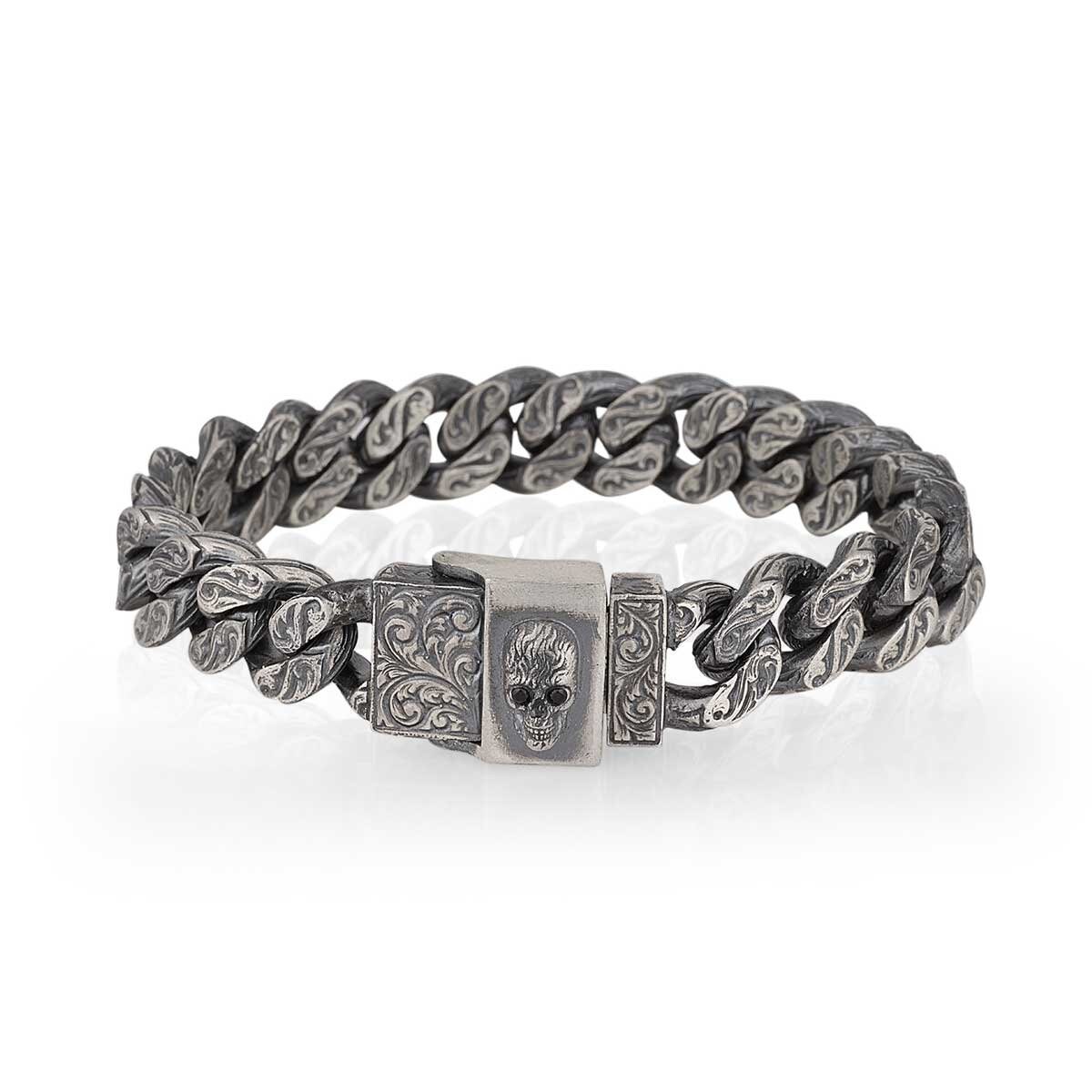 Sterling Silver Skull Bracelet for Men, Artisan Crafted Dry