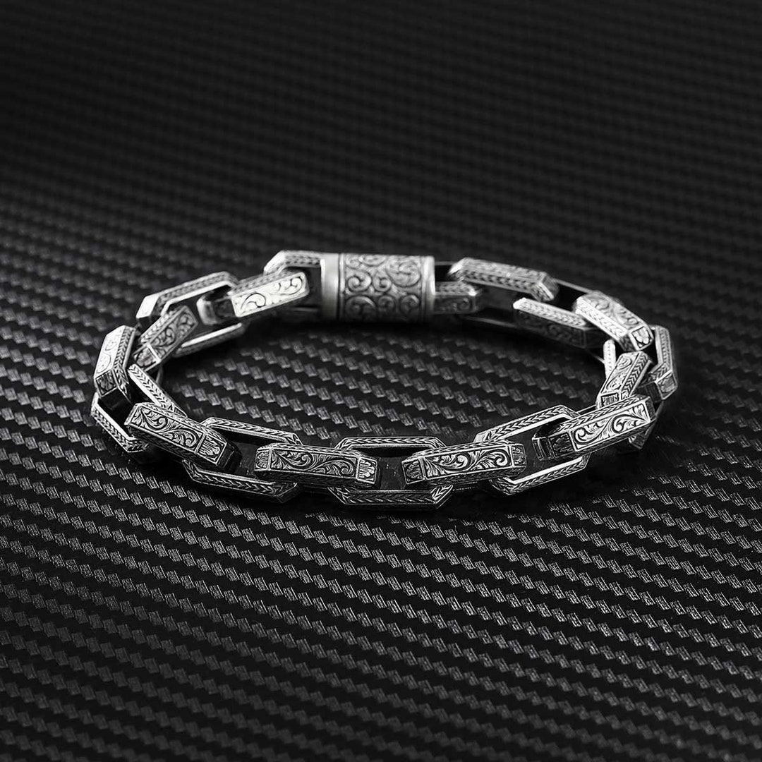 Handmade Sterling Silver Bracelet for Men | Heavy Engraved Chain ...