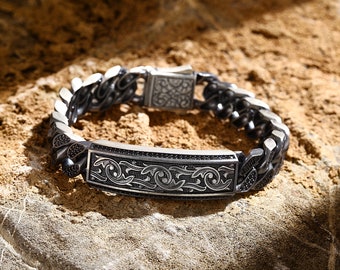 Silver Hand Engraved Bracelet, Silver Stylish Bracelet, Men Unique Birthday Gift, Handmade Sterling Silver Bracelet, Men Silver Jewelry