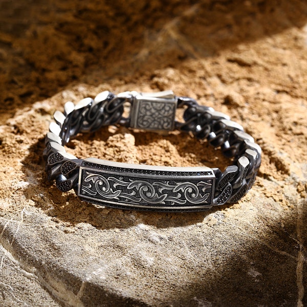 Bracciale in argento inciso a mano, elegante bracciale in argento, regalo di compleanno unico per uomo, bracciale in argento sterling fatto a mano, gioielli in argento da uomo