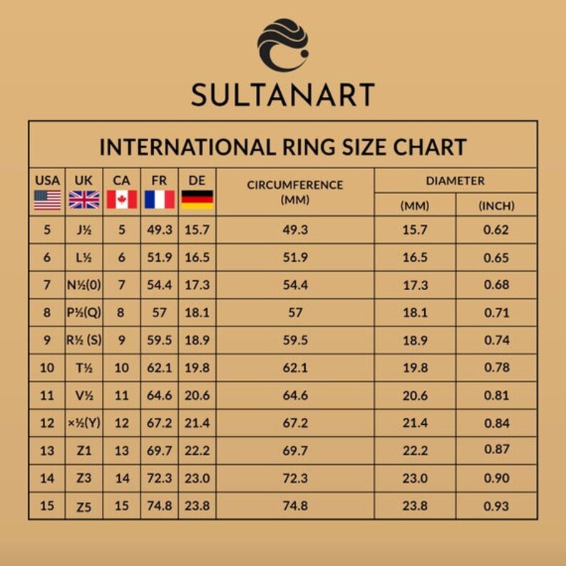 May include: A chart showing international ring sizes in US, UK, CA, FR, and DE sizes. The chart includes circumference in millimeters, diameter in millimeters, and diameter in inches.