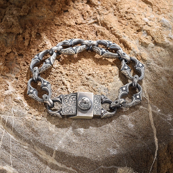 Eagle Head Mens Silver Chain Bracelet, Valentine's Day Gift for Men, Handmade Sterling Silver Maculine Jewelry, Unique Birthday Gift for Him