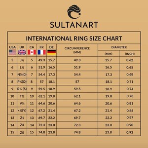 May include: A chart showing international ring sizes in US, UK, CA, FR, and DE sizes. The chart includes the circumference in millimeters, diameter in millimeters, and diameter in inches.