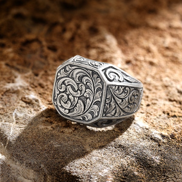 Hand Engraved Men 925K Sterling Silver Ring, Valentine's Day Gift for Men, Sterling Silver Jewelry Gift for Him, Unique Birthday Gift