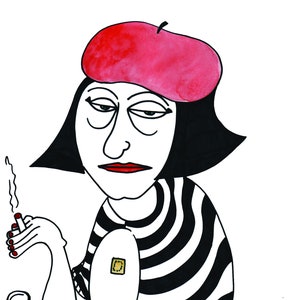 Peut inclure: Un chemisier à rayures noires et blanches avec un béret rouge, une cigarette et un verre de liquide. La personne a un pansement sur le bras.
