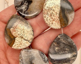 Dendritic Agate Teardrop Focal Bead, Silver Lace Agate Puff Pear Bead