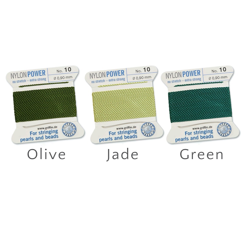 May include: Three spools of Griffin Nylon Power thread in olive, jade, and green. Each spool is labelled with "No. 10" and has a diameter of 0.90 mm. The text "For stringing pearls and beads" is printed on each label.