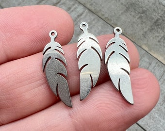 6 Feather Charms, stainless steel, double sided, 20mm, mala tassel charm