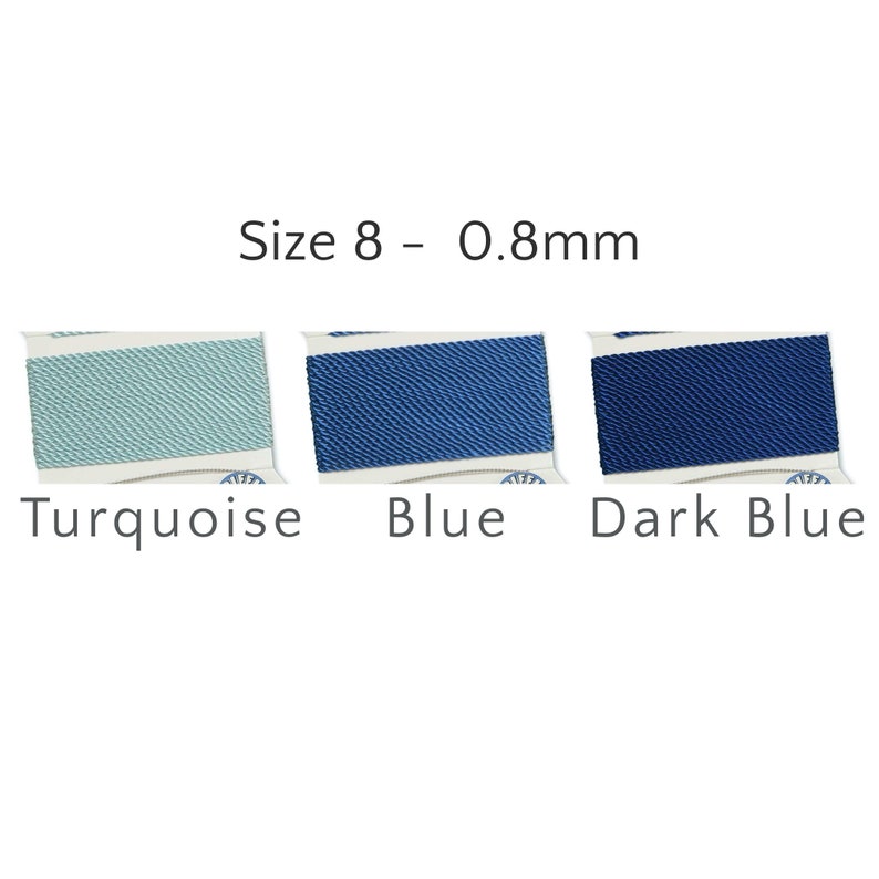 May include: Three spools of Size 8 - 0.8mm cord in turquoise, blue, and dark blue. Each spool is neatly wrapped and labeled with the color name. The cords have a textured appearance, suggesting a woven or braided construction.
