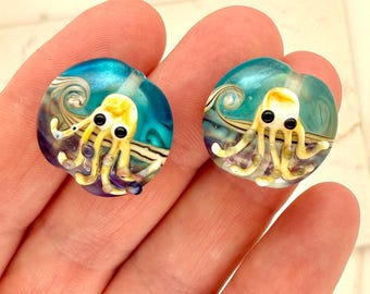 Set of 2 Lampwork Octopus Glass Beads,  Artisan Ocean Focal Beads for Jewelry Making