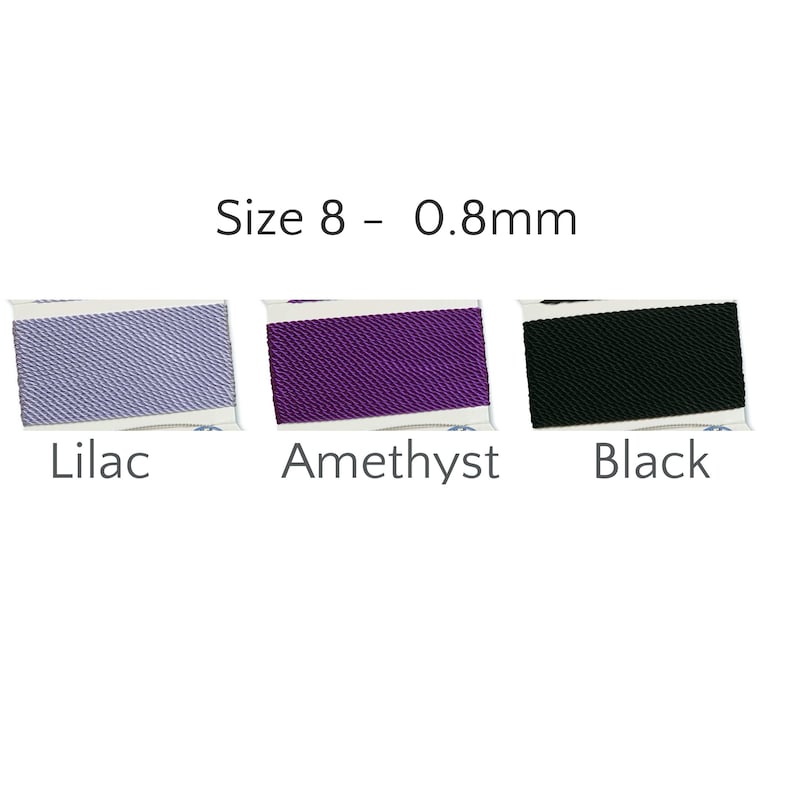 May include: Three spools of Size 8 - 0.8mm cord in Lilac, Amethyst, and Black. The colors are displayed on white labels. The text "Size 8 - 0.8mm" is above the spools. The word "Lilac" is under the first spool, "Amethyst" under the second, and "Black" under the third.