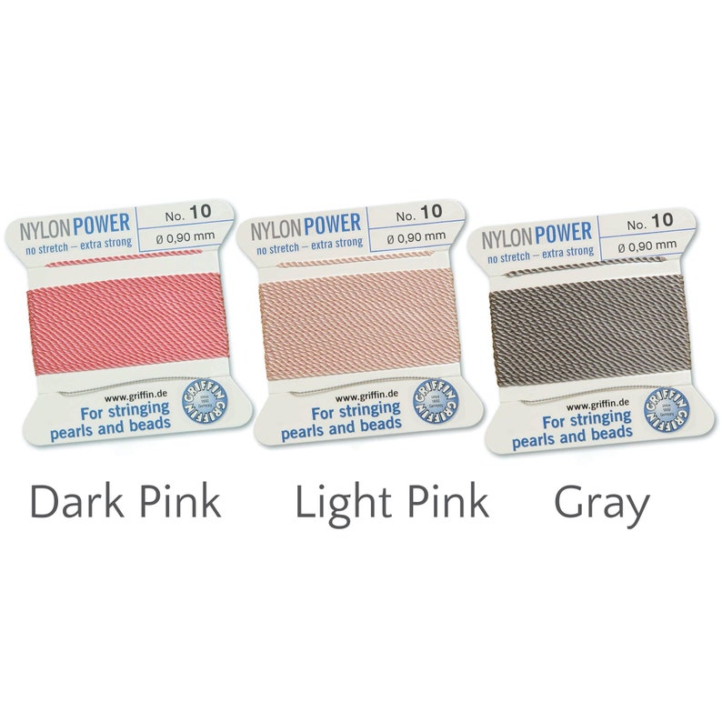 May include: Three spools of nylon thread in dark pink, light pink, and grey. Each spool is labelled "NYLON POWER" and "No. 10", with a diameter of 0.90 mm. The text "For stringing pearls and beads" is also visible.