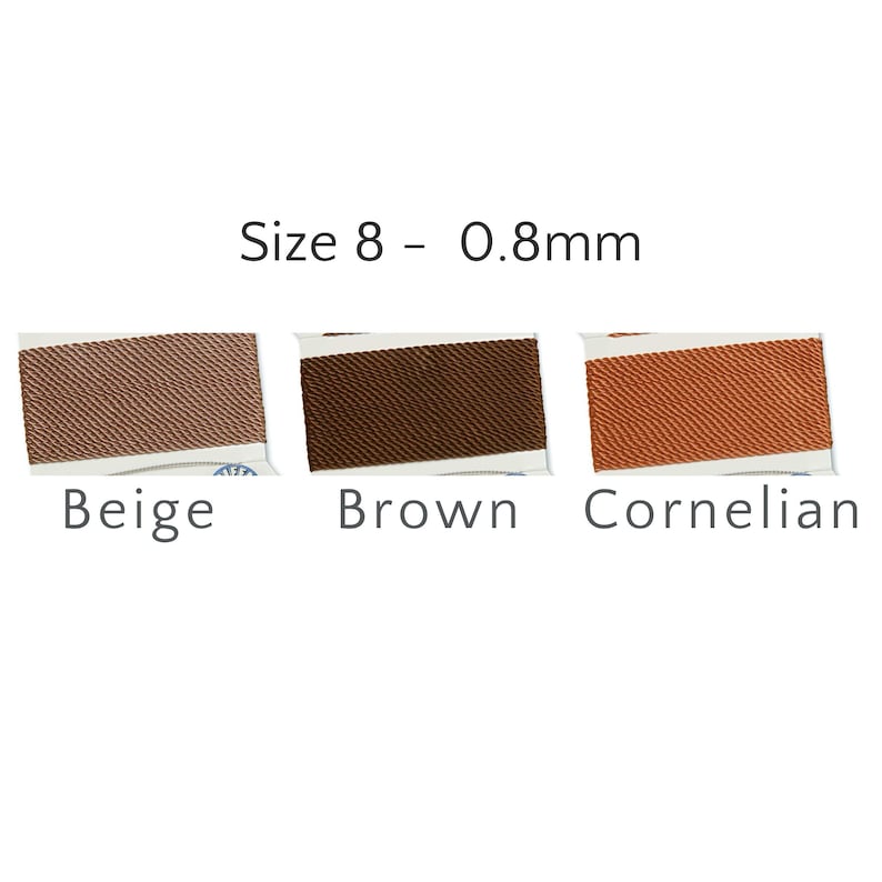 May include: Three spools of Size 8 - 0.8mm cord in Beige, Brown, and Cornelian colors. The cord is tightly woven with a textured appearance. The labels below each spool identify the color.