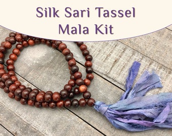 Silk Sari Tassel Mala Kit, up-cycled silk sari ribbon tassel, with 8mm rosewood beads