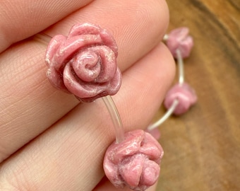 2 Rhodonite Rose Beads, 10-11mm