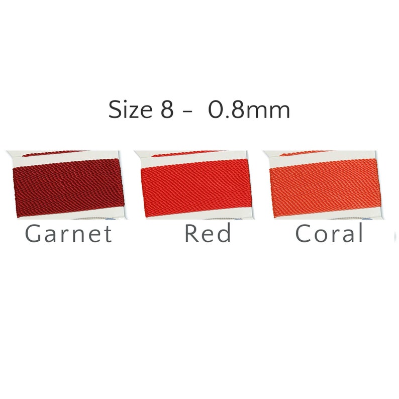 May include: Three spools of Size 8 - 0.8mm thread in Garnet, Red, and Coral. Each spool is a rectangular shape with a white label. The text "Size 8 - 0.8mm" is above the spools.