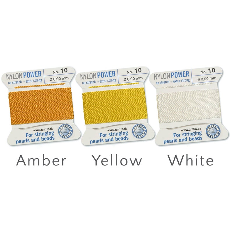 May include: Three spools of Nylon Power beading thread in amber, yellow, and white. Each spool is labelled with "No. 10" and "&Oslash; 0.90 mm" and the text "For stringing pearls and beads".