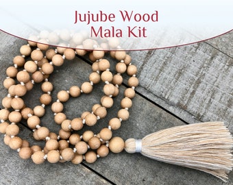 White Jujube Wood Mala Kit with your choice of cord & thread colors, make your own mala