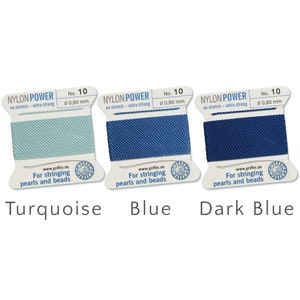 May include: Three spools of nylon thread in turquoise, blue, and dark blue. Each spool is labelled "NYLON POWER" and "No. 10", with a diameter of 0.90 mm. The text "For stringing pearls and beads" is also visible.