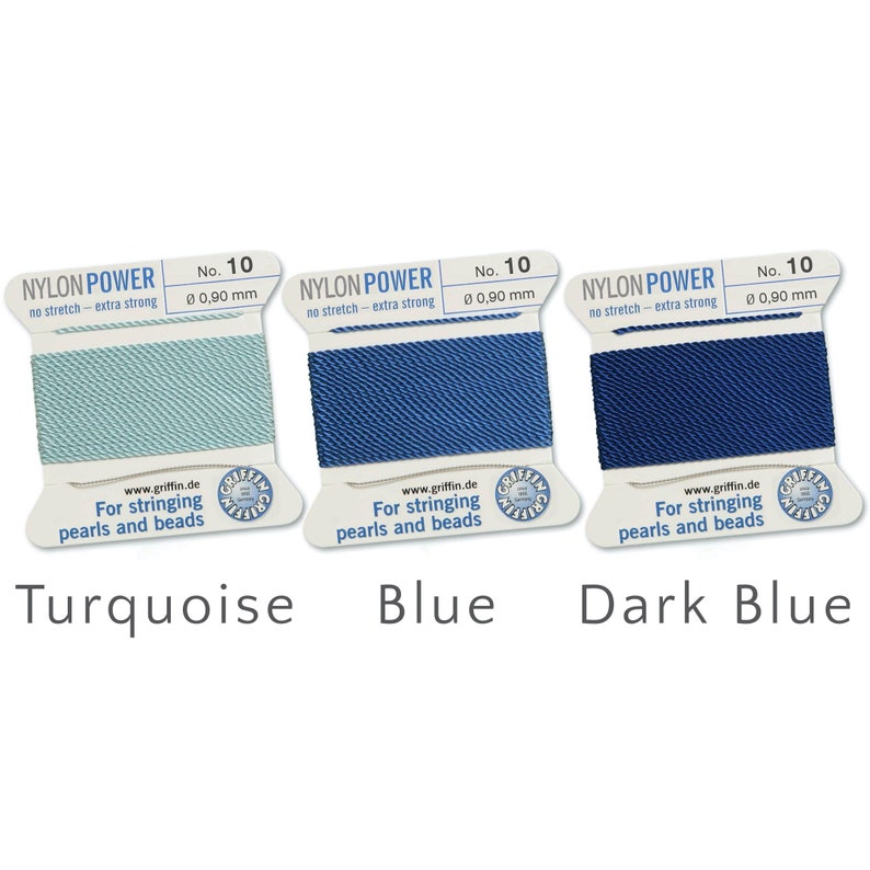 May include: Three spools of nylon thread in turquoise, blue, and dark blue. Each spool is labelled "NYLON POWER" and "No. 10", with a diameter of 0.90 mm. The text "For stringing pearls and beads" is also visible.