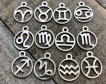 Set of 12 Steel zodiac symbol charms, petite, 11mm, <0.5inch