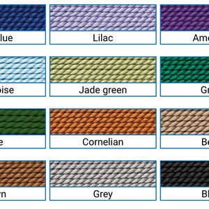 May include: A colour chart displaying yarn samples in various shades. The colours include dark blue, lilac, amethyst, turquoise, jade green, green, olive, cornelian, beige, brown, grey, and black. Each colour is labelled with its name.