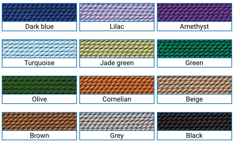 May include: A colour chart displaying yarn samples in various shades. The colours include dark blue, lilac, amethyst, turquoise, jade green, green, olive, cornelian, beige, brown, grey, and black. Each colour is labelled with its name.