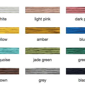 May include: A color chart displaying swatches of various colors, including white, light pink, dark pink, yellow, amber, blue, turquoise, jade green, green, brown, grey, and black. Each color is labeled with its name.