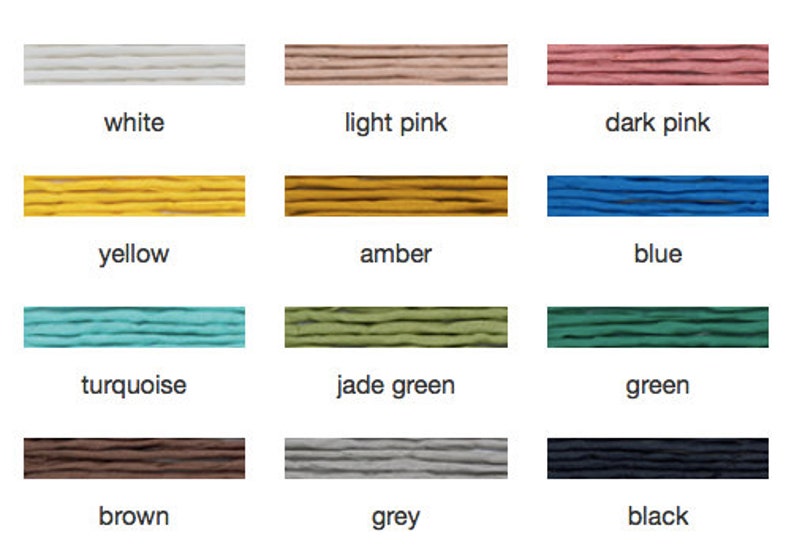 May include: A color chart displaying swatches of various colors, including white, light pink, dark pink, yellow, amber, blue, turquoise, jade green, green, brown, grey, and black. Each color is labeled with its name.