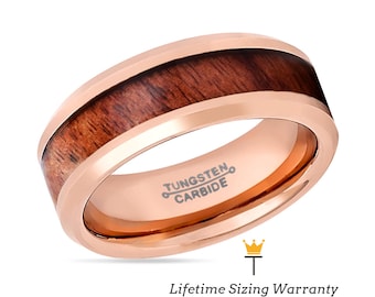 Rose Gold Tungsten Ring - Hawaiian Koa Wood Inlay, Engraved Band