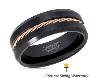 Tungsten Carbide Ring Rose Gold Rope | Black Tungsten Wedding Ring | Promise Rings for Him | Mens Wedding Band Brushed | Unique Rings Men