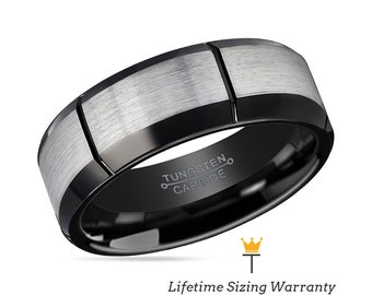 Mens Tungsten Wedding Band Silver Brushed | Tungsten Carbide Multiple Silver Brushed Grooves | Anniversary Rings for Him | Promise Rings