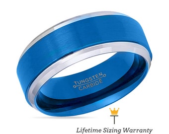 Blue Tungsten Wedding Ring | Brushed Silver Edge Carbide Band