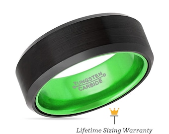Black Tungsten Ring | Green Interior, Brushed Wedding Band