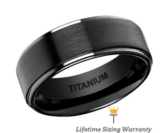 Flat Black Titanium Ring with Brushed Raised Center & Polished Edges, Mens Super Light Wedding, Engagement,Anniversary, Promise Ring For Him