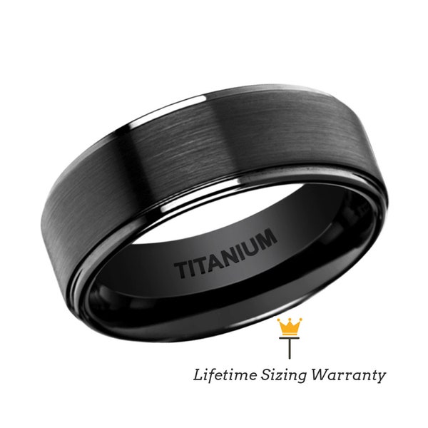 Flat Black Titanium Ring with Brushed Raised Center & Polished Edges, Mens Super Light Wedding, Engagement,Anniversary, Promise Ring For Him