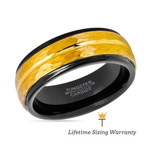 Yellow Gold Ring - Black Tungsten Ring, Hammered Finish Ring, Grooved Ring, Custom Ring, Couples Ring, Stylish Ring, Anniversary Ring