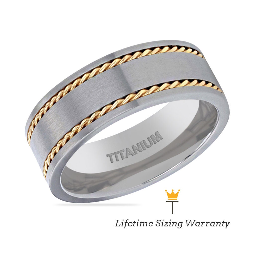 14K Yellow Gold Dual Braided Inlay Ring - Titanium Brushed Finish Ring - Personalized Ring - Mens Ring - Engagement Rings - 8MM Ring