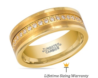 Pipe Cut Gold Tungsten Ring | Brushed Eternity Engraved Rings for Him | Comfort Fit Engagement & Promise Tungsten Carbide Mens Wedding Band