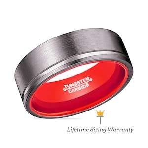 Gunmetal Tungsten Ring - Red Wedding Ring, Flat Ring, Personalized Ring, Tungsten Jewelry, Engraved Ring, Couples Ring, Promise Ring
