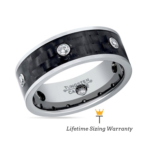 Black Tungsten Carbon Fiber Men's Wedding Band | CZ Stone Inlay