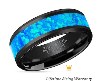 Blue Opal Inlay Black Tungsten Ring | Mens Wedding Band