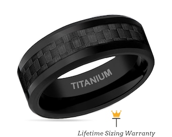 Black Titanium Ring, Carbon Fiber Inlay, Beveled Edge Wedding Band
