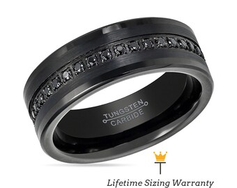 Pipe Cut Black CZ Tungsten Wedding Ring | Brushed Eternity Ring for Him | Comfort Fit Engagement & Promise Tungsten Carbide Men Wedding Band