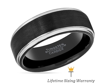 Black Tungsten Wedding Ring | Mens Wedding Band Brushed | Tungsten Carbide Stepped Edges | Black Promise Rings For Him | Personalized Ring