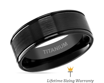 Black Titanium Ring, Brushed Center, Polished Edges, Mens Wedding Band